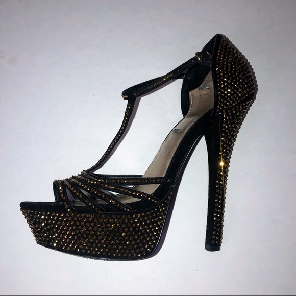 BLack and gold rhinestone platform heel 9 - Picture 2 of 5